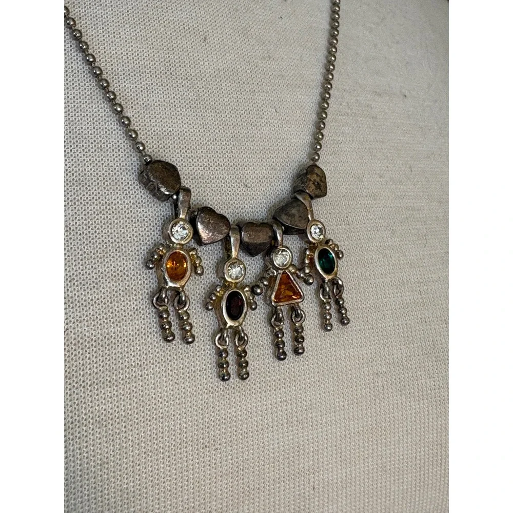 Vintage Silver Tone Ball Chain Necklace with Four Multi-Stone People Charms 22